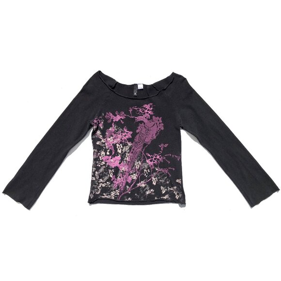 H&M Divided graphic print t-shirt women size S black purple bird long sleeve - Picture 1 of 7